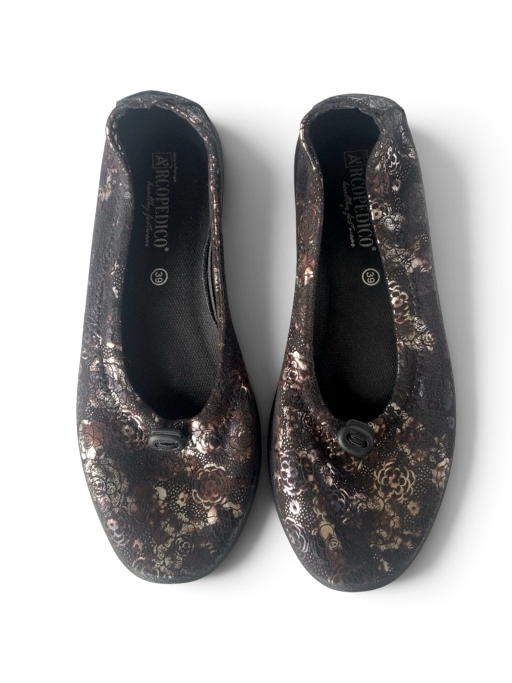 NEW A’rcopedico Metallic Lace Floral Black Slip On Ballet Flats Womens 39EU/8US